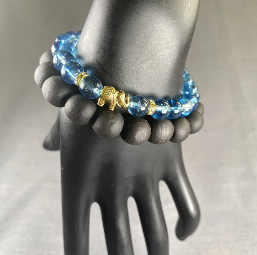 Blue Glass Bead Gold Elephant Charm & Black Wooden Bracelet Mens Women 2PC Set