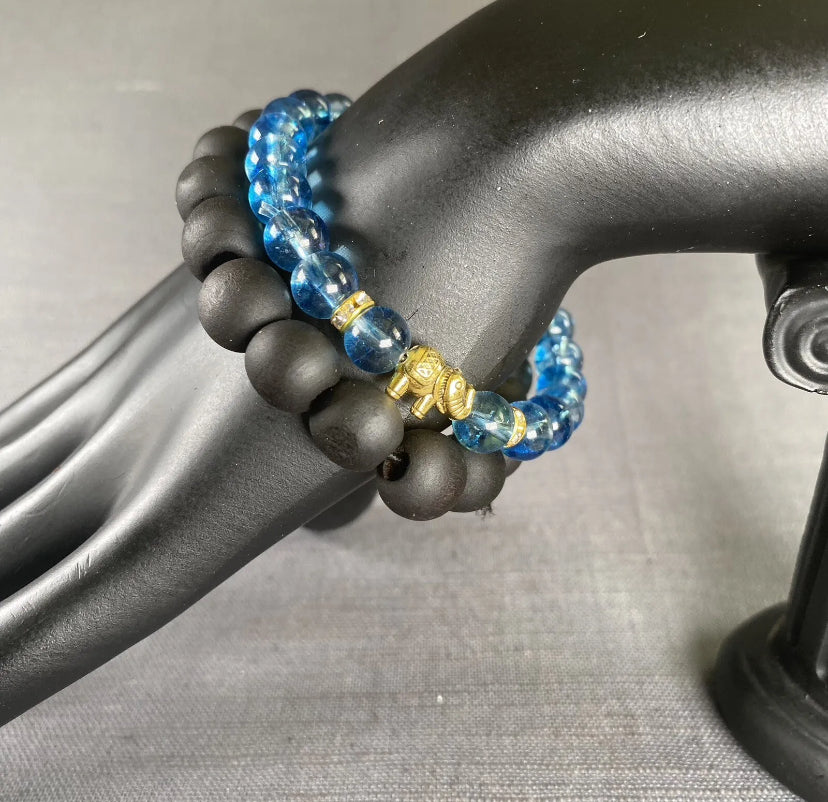 Blue Glass Bead Gold Elephant Charm & Black Wooden Bracelet Mens Women 2PC Set