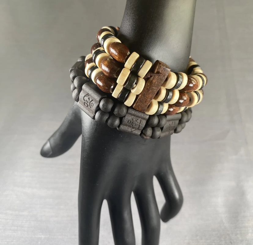 Black OM Mantra Carved & Brown/Beige/Black 3Row Wooden Bracelet Unisex 2PC Set 1