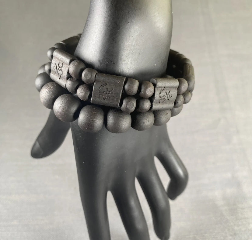 OM Mantra Black Wooden 2-Row & Black Wooden Bead Bracelet Men Women Yoga 2PC Set