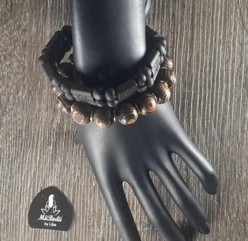 Tiger Eye Amber Wood With Gold Spacer & 2Row OM Mantra Black Wooden Bracelet 2PC