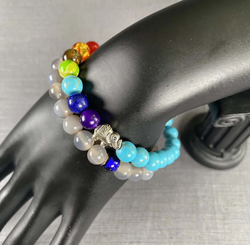 2PC Grey Stone Mood Color Change Charm and 7 Chakra Turquoise Stone Elephant Charm