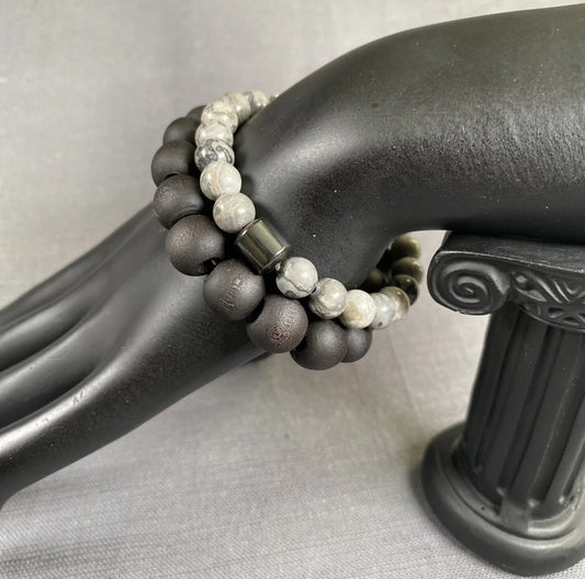 Charcoal Natural Stone w/Hematite Stone Charm & Black Wooden Bracelet Unisex 2PC