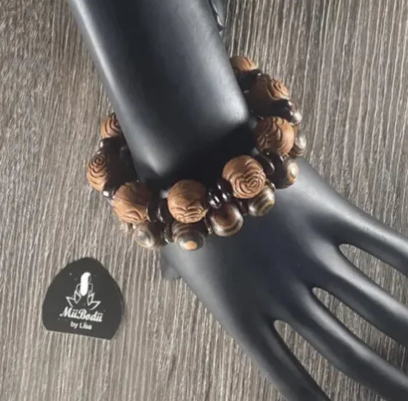 Tiger Eye Amber Wood With Gold Spacer & Lotus Flower Engraved/Carved Wooden 2 PC