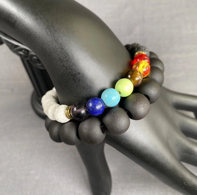 7 Chakra Black&White Lava Stone W/Gold Elephant Charm & Blk Wooden Bracelet 2pc