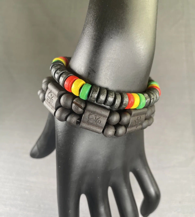 OM Mantra Black Wooden 2-Row & Rasta Wooden Bead Bracelet Men Women Yoga 2PC Set