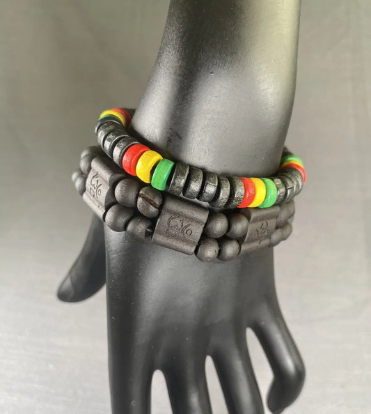 OM Mantra Black Wooden 2-Row & Rasta Wooden Bead Bracelet Men Women Yoga 2PC Set