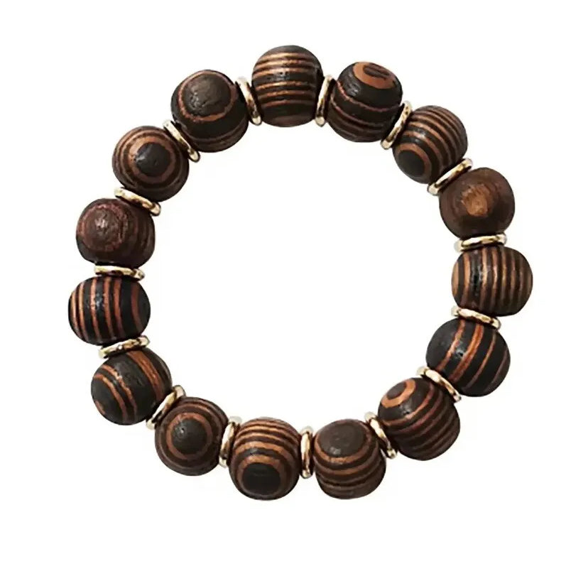 Tiger Eye Amber Wood With Gold Spacer & Black Wooden Bead Bracelet 2pc Set