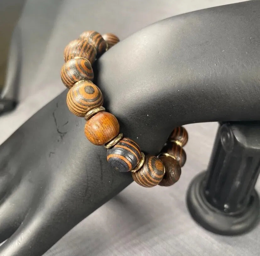 Tiger Eye Amber Wood With Gold Spacer & Black Wooden Bead Bracelet 2pc Set