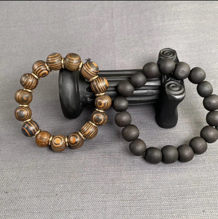 Tiger Eye Amber Wood With Gold Spacer & Black Wooden Bead Bracelet 2pc Set