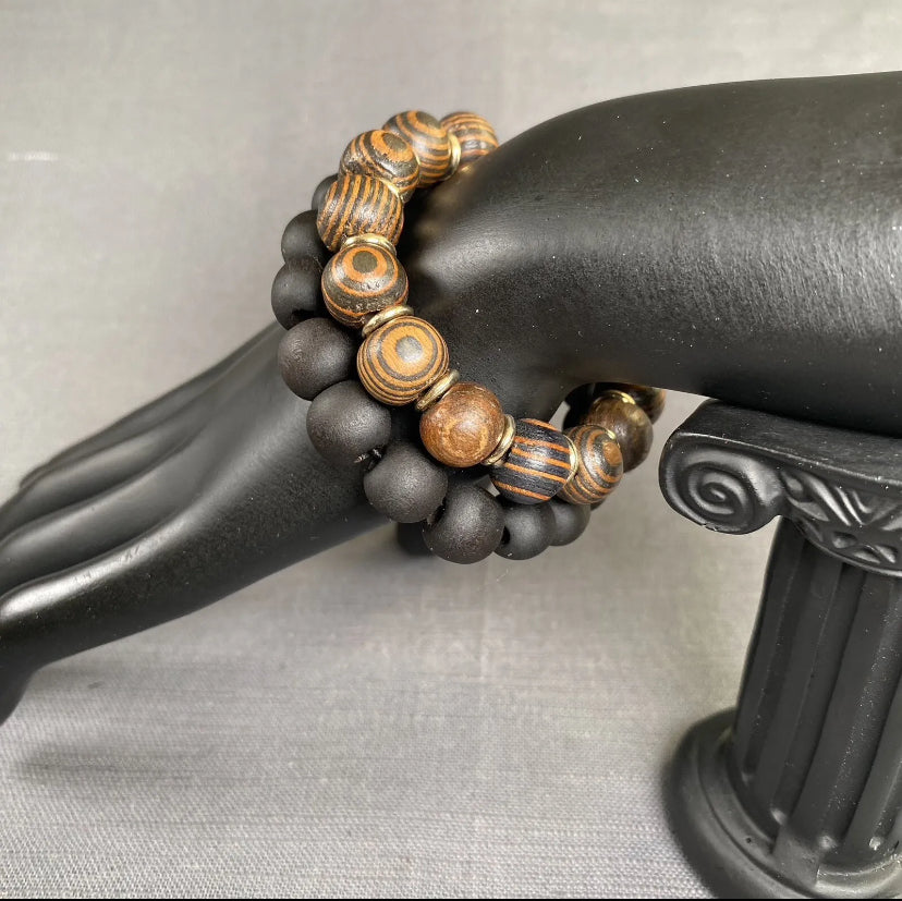 Tiger Eye Amber Wood With Gold Spacer & Black Wooden Bead Bracelet 2pc Set