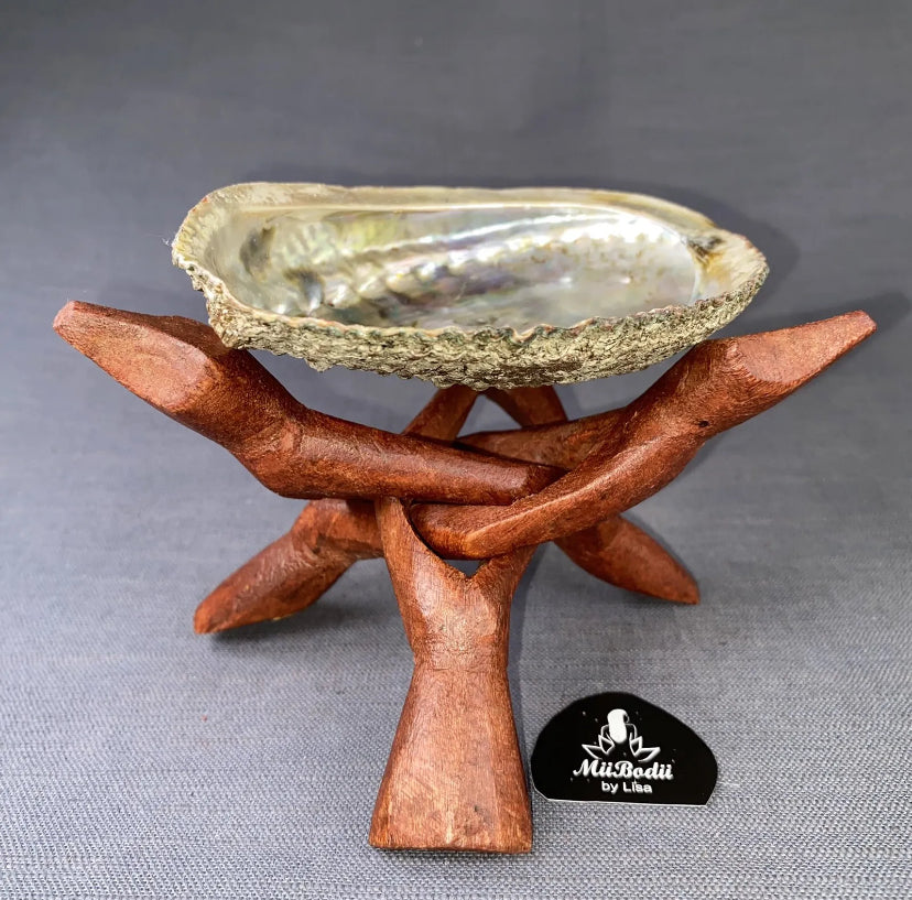 Abalone Shell Smudge Bowl N Hand Carved Tripod Stand Burn Sage Ash Tray Set