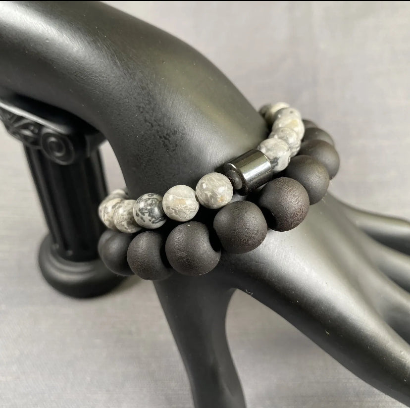 Charcoal Natural Stone w/Hematite Stone Charm & Black Wooden Bracelet Unisex 2PC