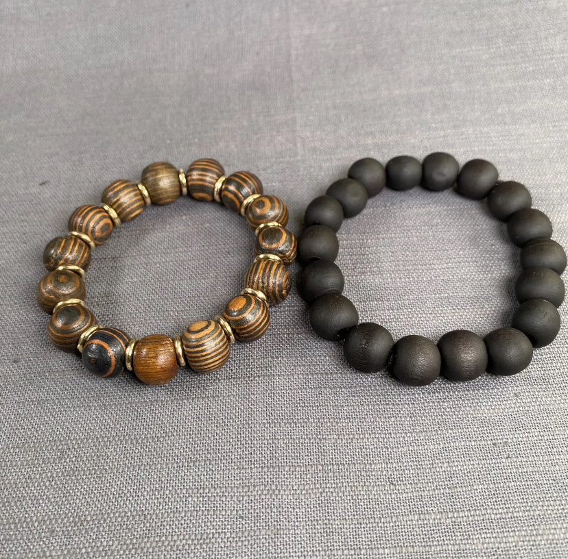 Tiger Eye Amber Wood With Gold Spacer & Black Wooden Bead Bracelet 2pc Set