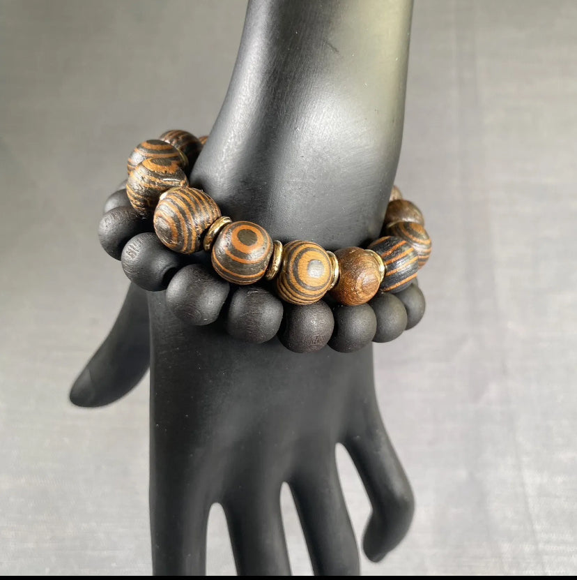 Tiger Eye Amber Wood With Gold Spacer & Black Wooden Bead Bracelet 2pc Set