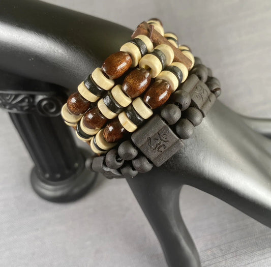 Black OM Mantra Carved & Brown/Beige/Black 3Row Wooden Bracelet Unisex 2PC Set 1