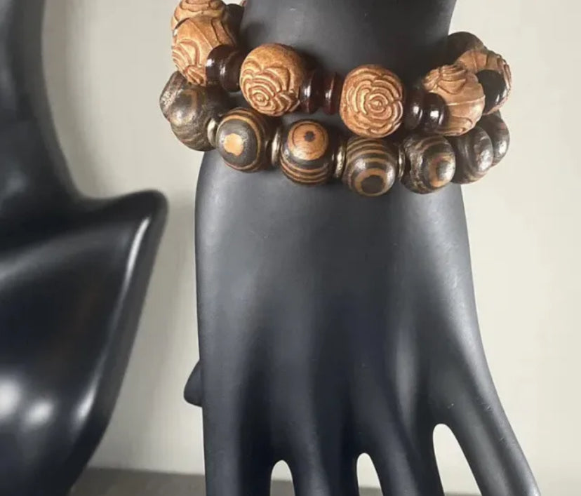 Tiger Eye Amber Wood With Gold Spacer & Lotus Flower Engraved/Carved Wooden 2 PC