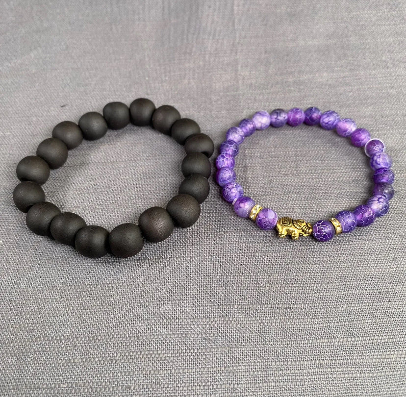 Purple Stone Gold Elephant Charm Black Wooden Bead bracelet Men Women 2pc Set