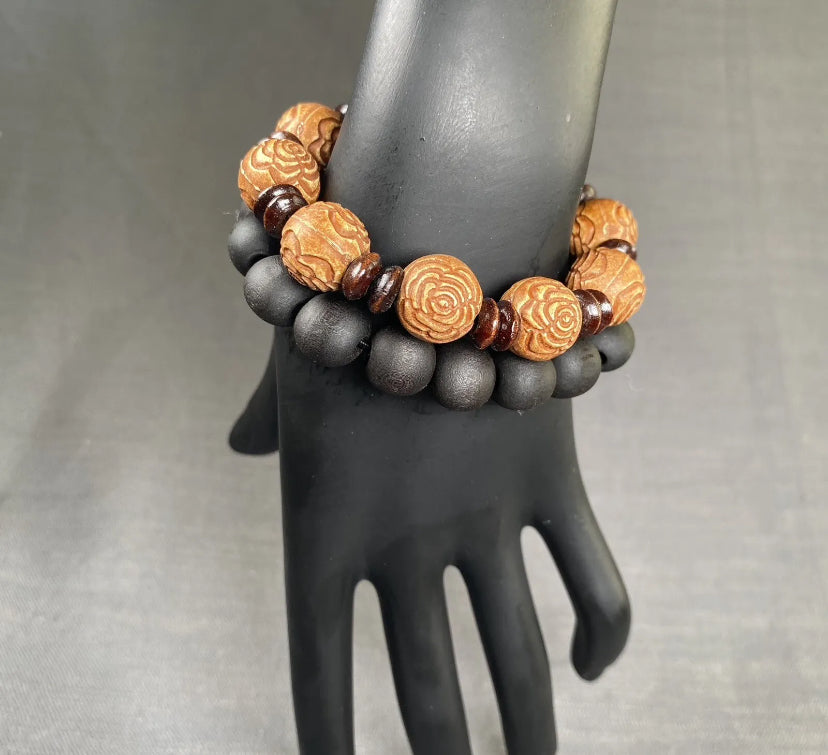 Wooden Lotus Flower & Black Ball Bracelet Simple Handmade Bracelet Men Women 2pc Set
