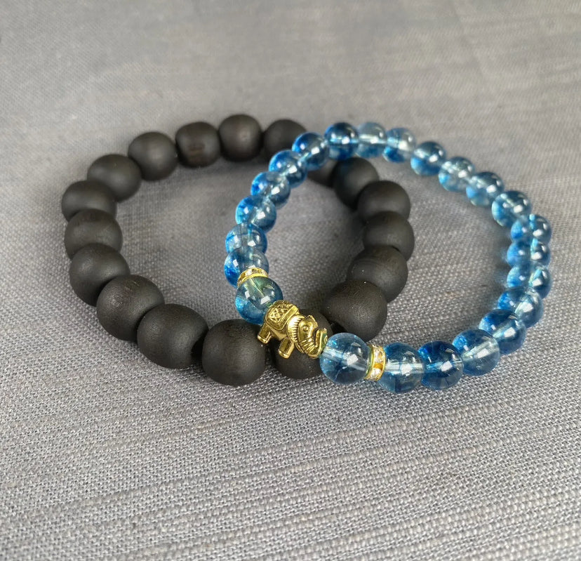 Blue Glass Bead Gold Elephant Charm & Black Wooden Bracelet Mens Women 2PC Set
