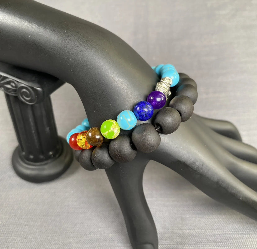 Turquoise Stone Seven Chakra & Black Wooden Bead Bracelet Unisex 2PC Set