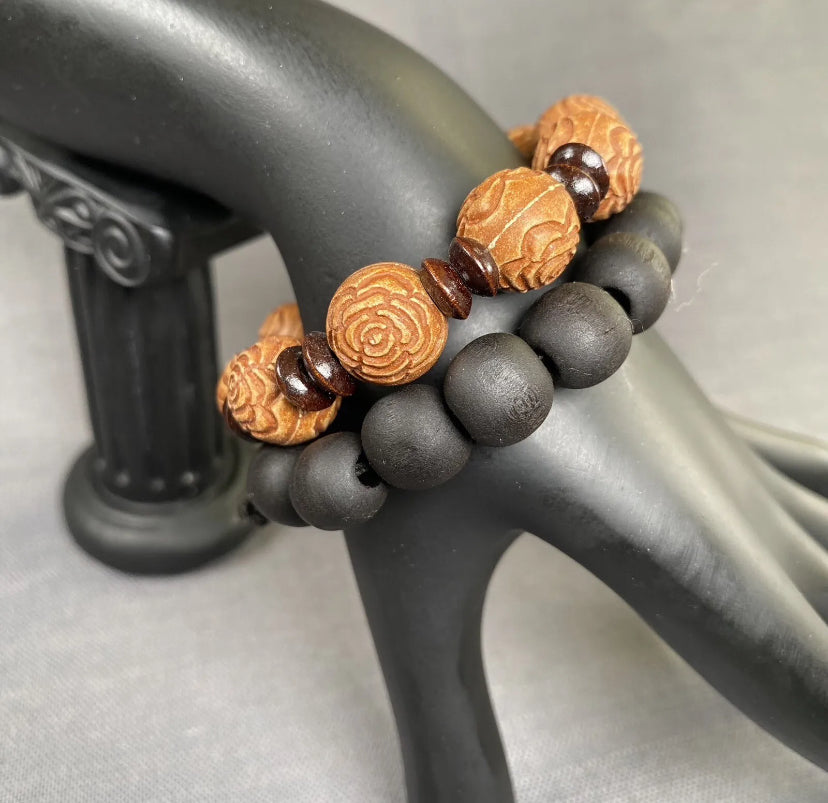 Wooden Lotus Flower & Black Ball Bracelet Simple Handmade Bracelet Men Women 2pc Set