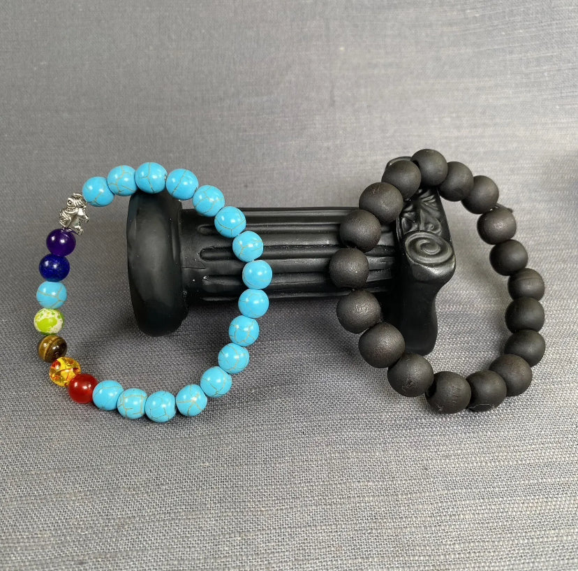 Turquoise Stone Seven Chakra & Black Wooden Bead Bracelet Unisex 2PC Set