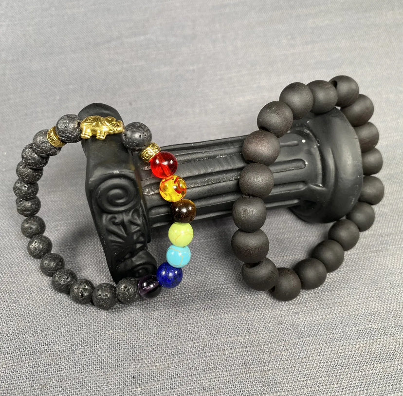 Black Lava Stone Gold Elephant 7 Chakra & Blk Wooden Bracelet Men Women 2pcSet