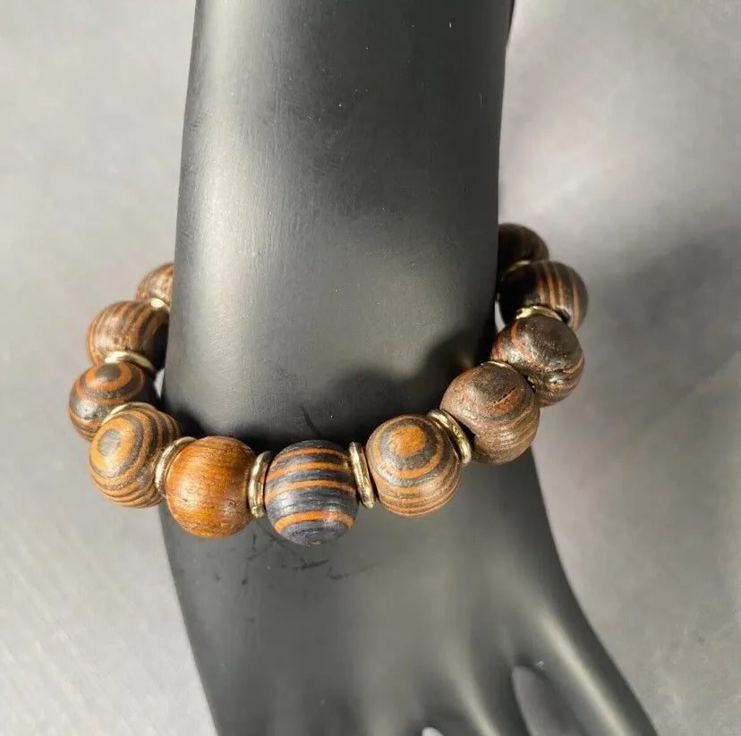 Tiger Eye Amber Wood With Gold Spacer & Black Wooden Bead Bracelet 2pc Set
