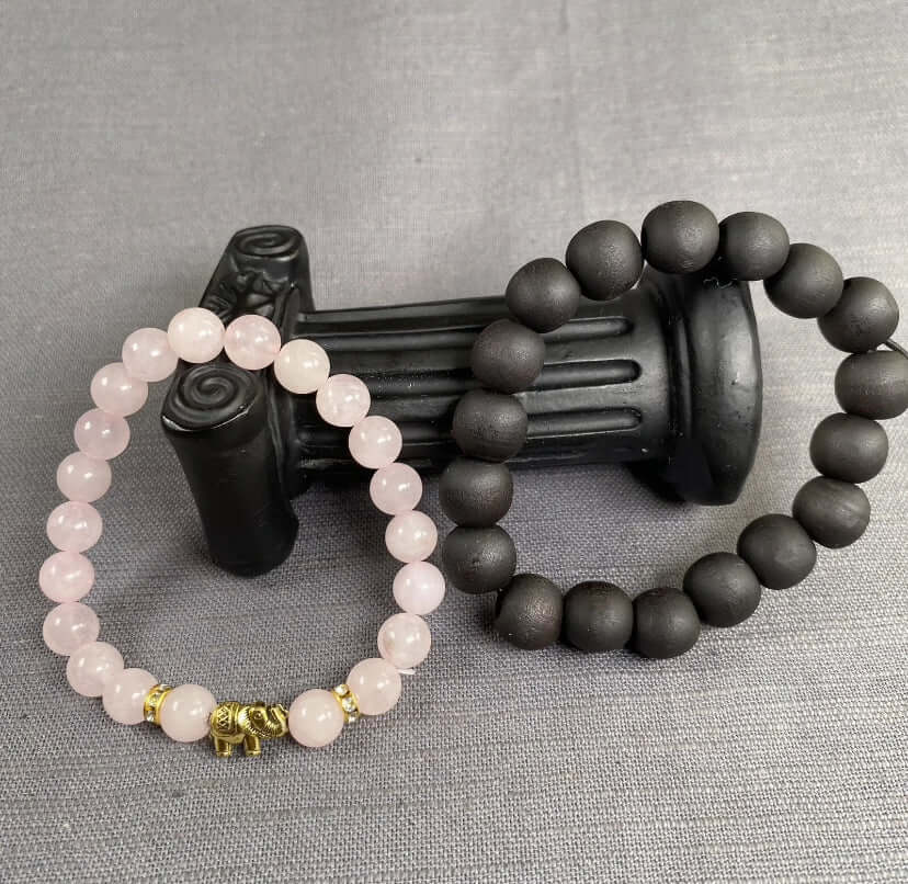 2PC Pink Natural Stone Gold Elephant Charm & Black Wooden Bead Bracelet Unisex