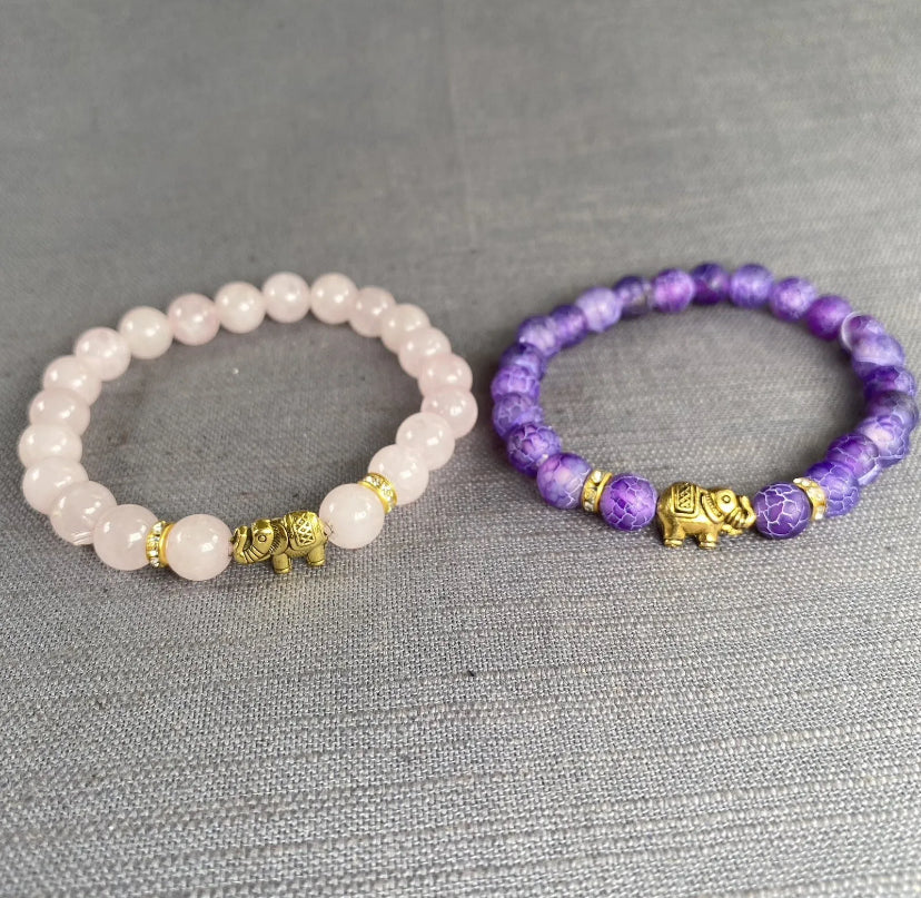 Pink & Purple Natural Stone w/Gold Elephant Charms Bracelet Men Women 2pc Set