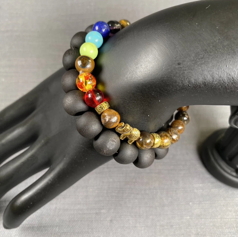Tiger Eye Stone Gold Elephant 7 Chakra & Black Wooden Bracelet Men Women 2pc Set