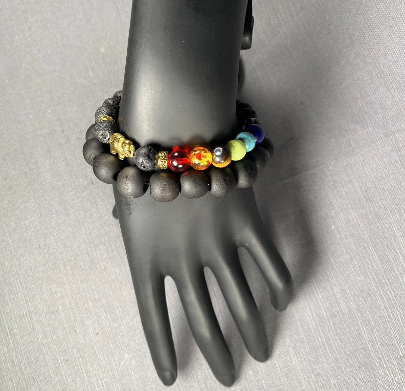 Black Lava Stone Gold Elephant 7 Chakra & Blk Wooden Bracelet Men Women 2pcSet