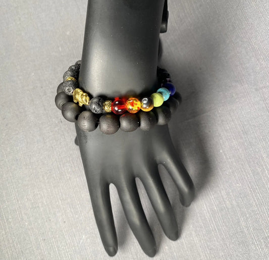 Black Lava Stone Gold Elephant 7 Chakra & Blk Wooden Bracelet Men Women 2pcSet