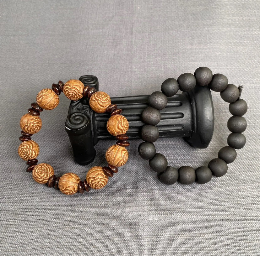 Wooden Lotus Flower & Black Ball Bracelet Simple Handmade Bracelet Men Women 2pc Set