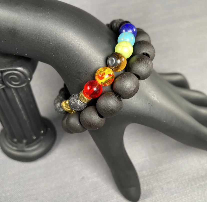 Black Lava Stone Gold Elephant 7 Chakra & Blk Wooden Bracelet Men Women 2pcSet