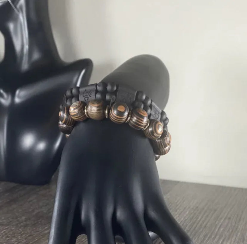 Tiger Eye Amber Wood With Gold Spacer & 2Row OM Mantra Black Wooden Bracelet 2PC