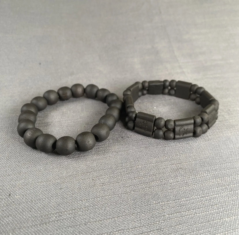 OM Mantra Black Wooden 2-Row & Black Wooden Bead Bracelet Men Women Yoga 2PC Set