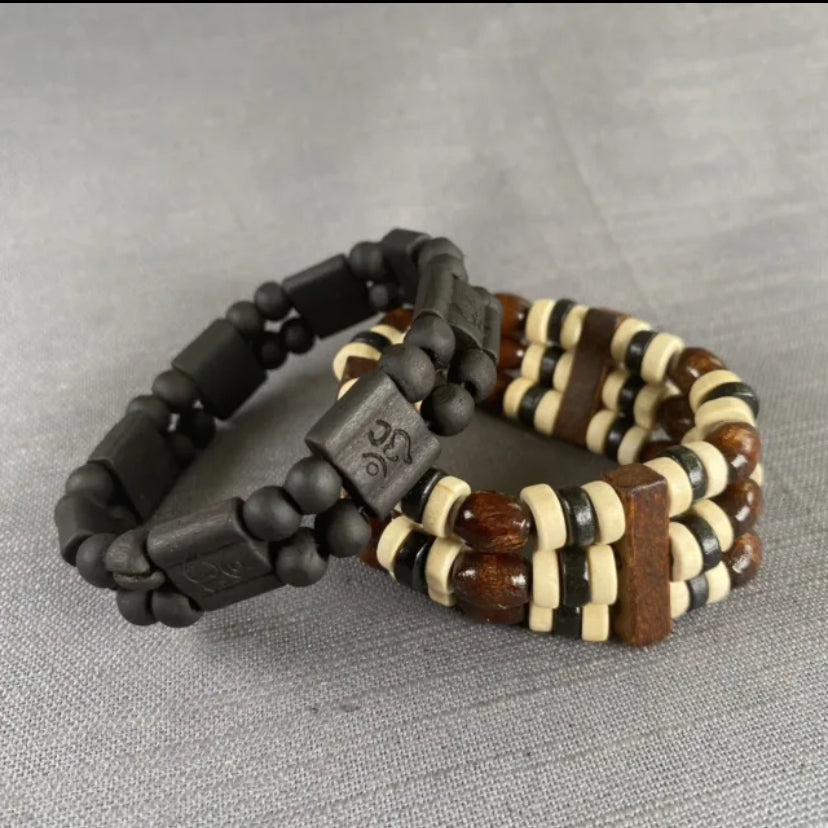 Black OM Mantra Carved & Brown/Beige/Black 3Row Wooden Bracelet Unisex 2PC Set 1