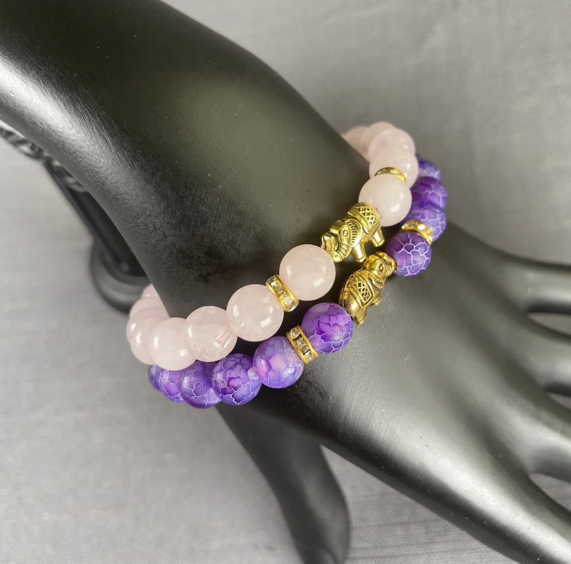 Pink & Purple Natural Stone w/Gold Elephant Charms Bracelet Men Women 2pc Set
