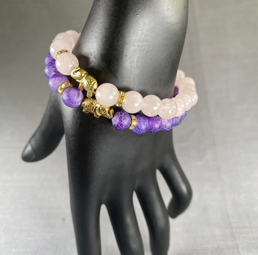 Pink & Purple Natural Stone w/Gold Elephant Charms Bracelet Men Women 2pc Set