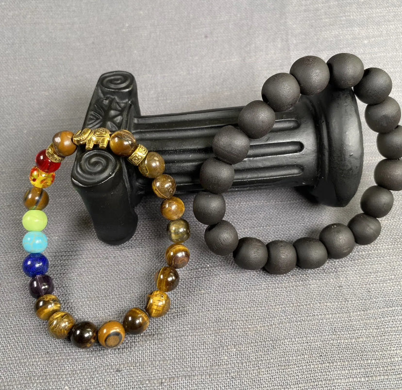 Tiger Eye Stone Gold Elephant 7 Chakra & Black Wooden Bracelet Men Women 2pc Set