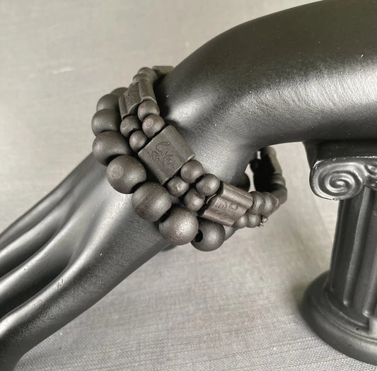 OM Mantra Black Wooden 2-Row & Black Wooden Bead Bracelet Men Women Yoga 2PC Set