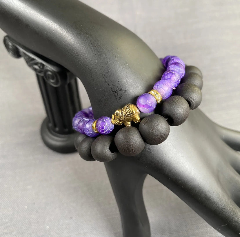 Purple Stone Gold Elephant Charm Black Wooden Bead bracelet Men Women 2pc Set