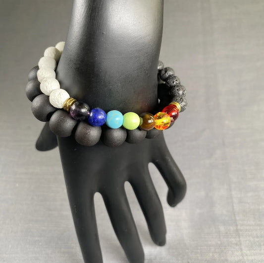 7 Chakra Black&White Lava Stone W/Gold Elephant Charm & Blk Wooden Bracelet 2pc