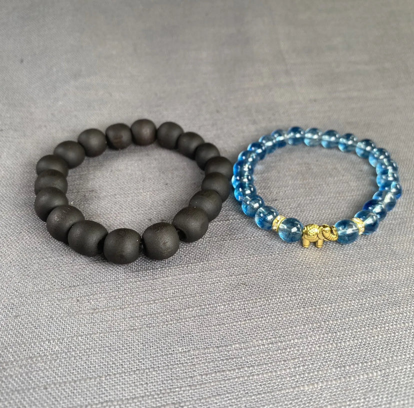 Blue Glass Bead Gold Elephant Charm & Black Wooden Bracelet Mens Women 2PC Set