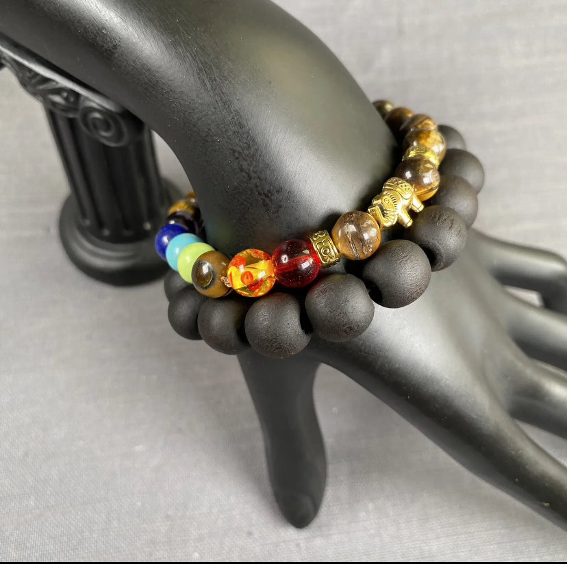 Tiger Eye Stone Gold Elephant 7 Chakra & Black Wooden Bracelet Men Women 2pc Set