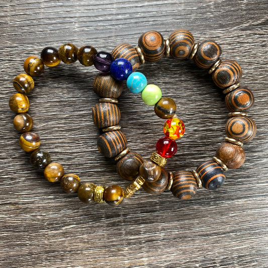 Tiger Eye Amber Wood With Gold Spacer & Tiger Eye Natural Stone Bead Bracelet 2pc Set